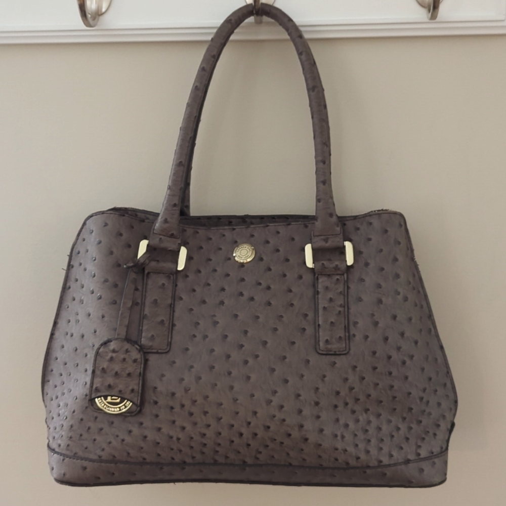 London Fog Ostrich Satchel Dark Grey Large Hobo Handbag
